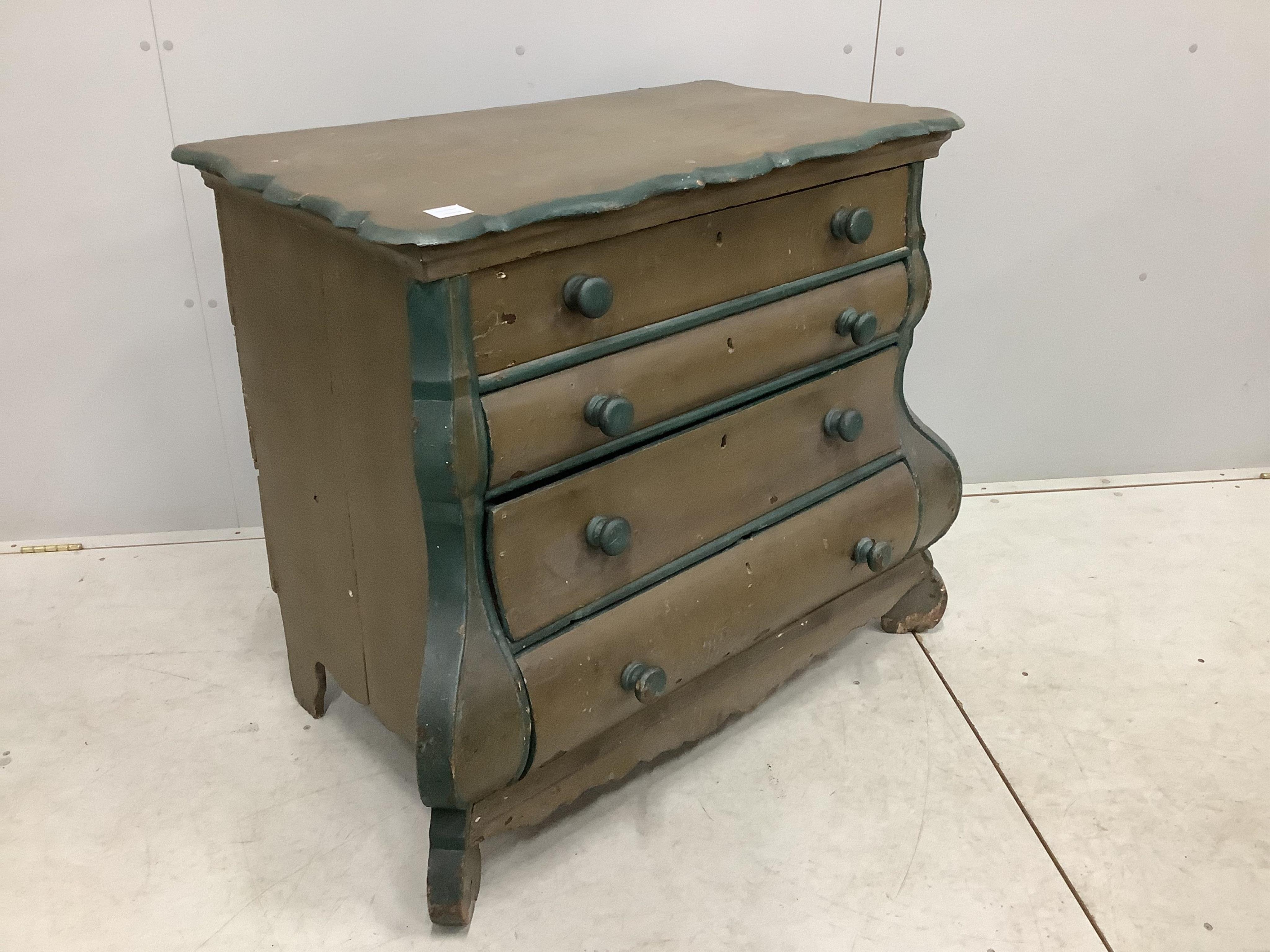 An 18th century Dutch pine bombe fronted chest of drawers, later painted, width 94cm, depth 54cm, height 88cm. Condition - fair